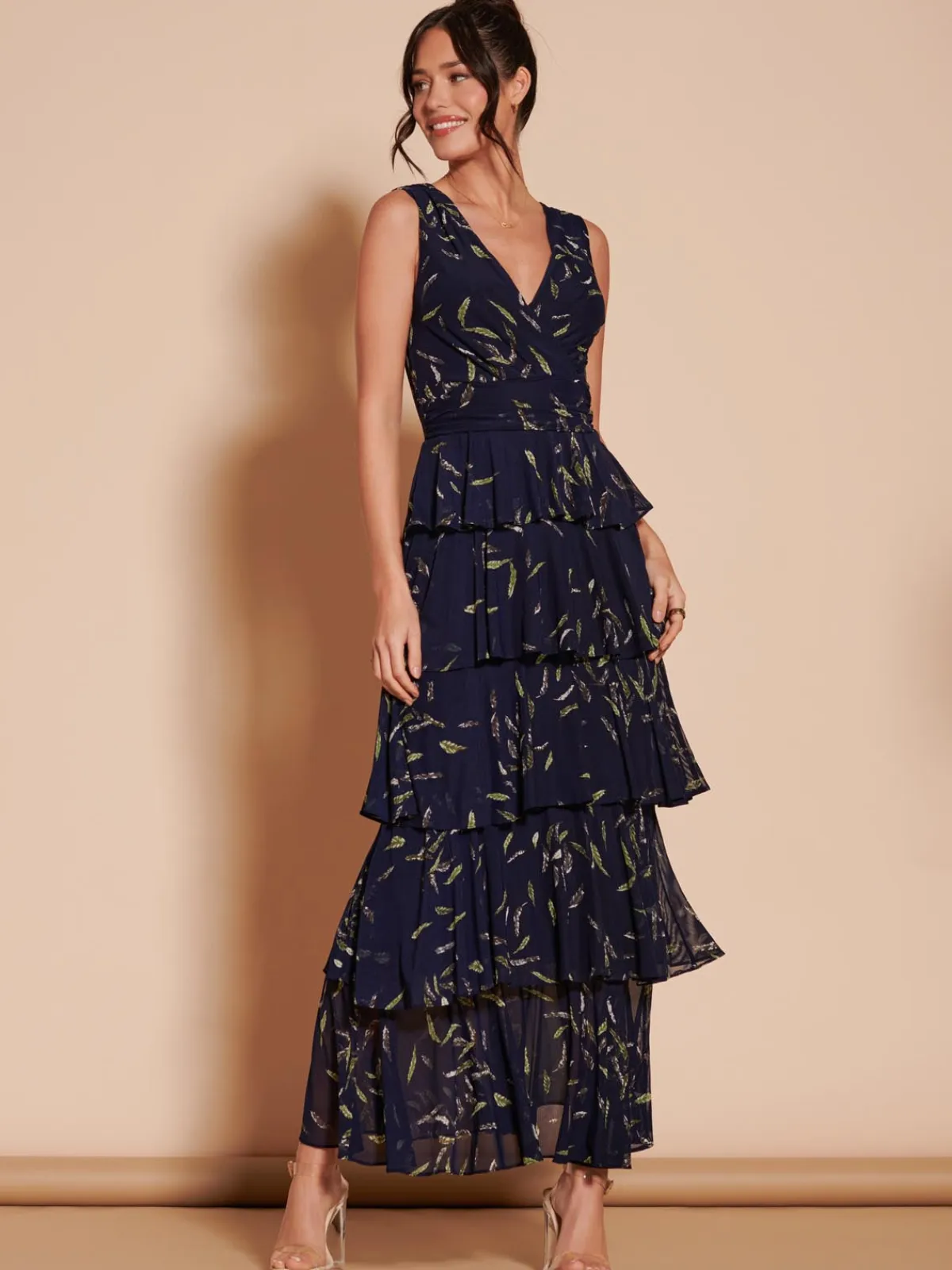 Jolie Moi Occasion Dresses|Floral Dresses-Tiered Hem Mesh Maxi Dress, Navy Multi