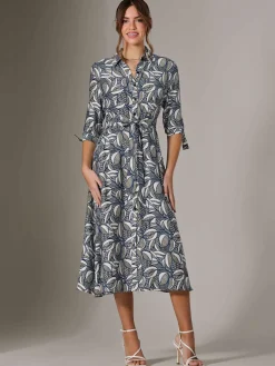 Jolie Moi Shirt Dresses|Office Dresses-Tie Sleeve Shirt Maxi Dress, Navy Abstract