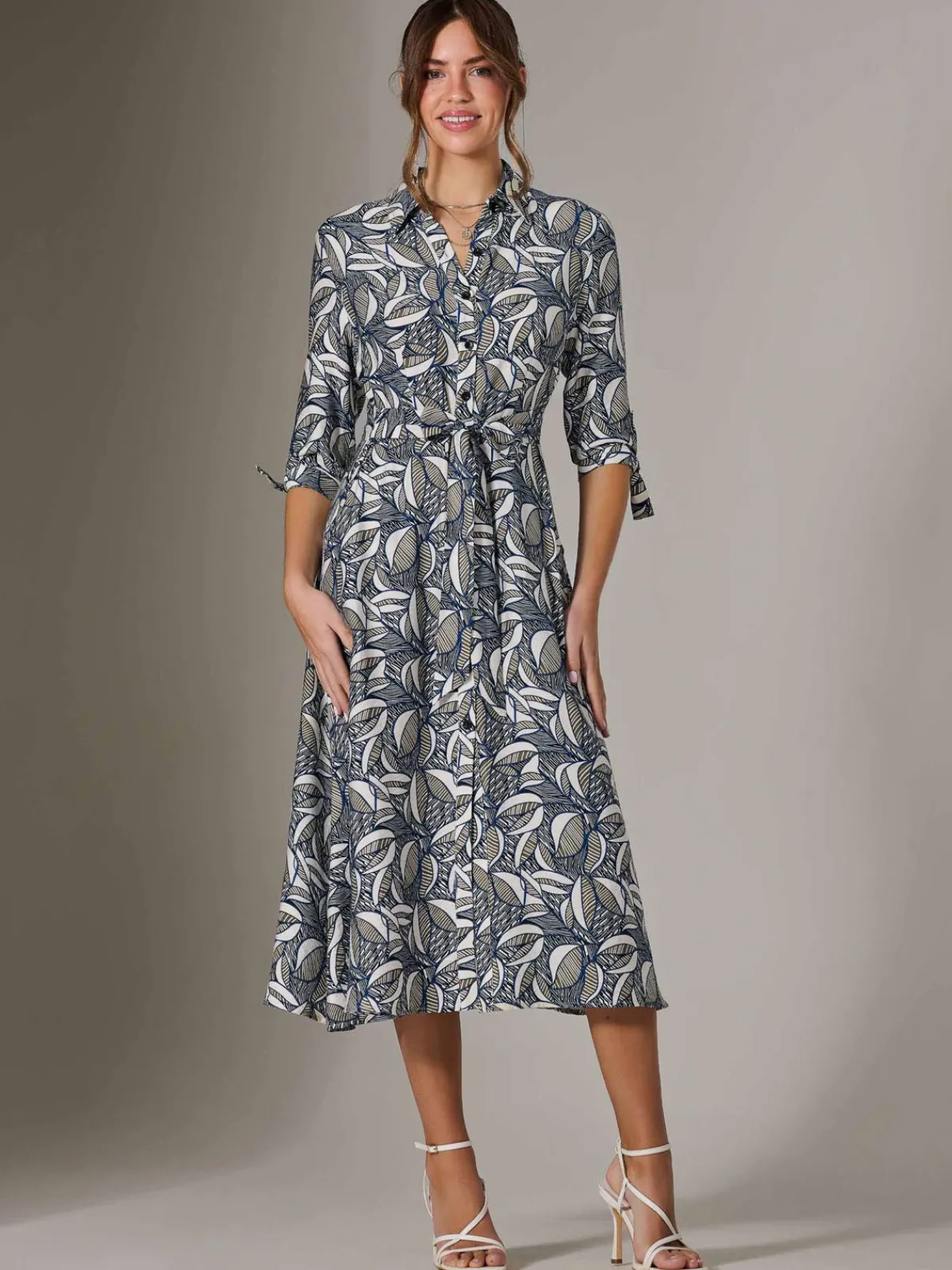 Jolie Moi Shirt Dresses|Office Dresses-Tie Sleeve Shirt Maxi Dress, Navy Abstract