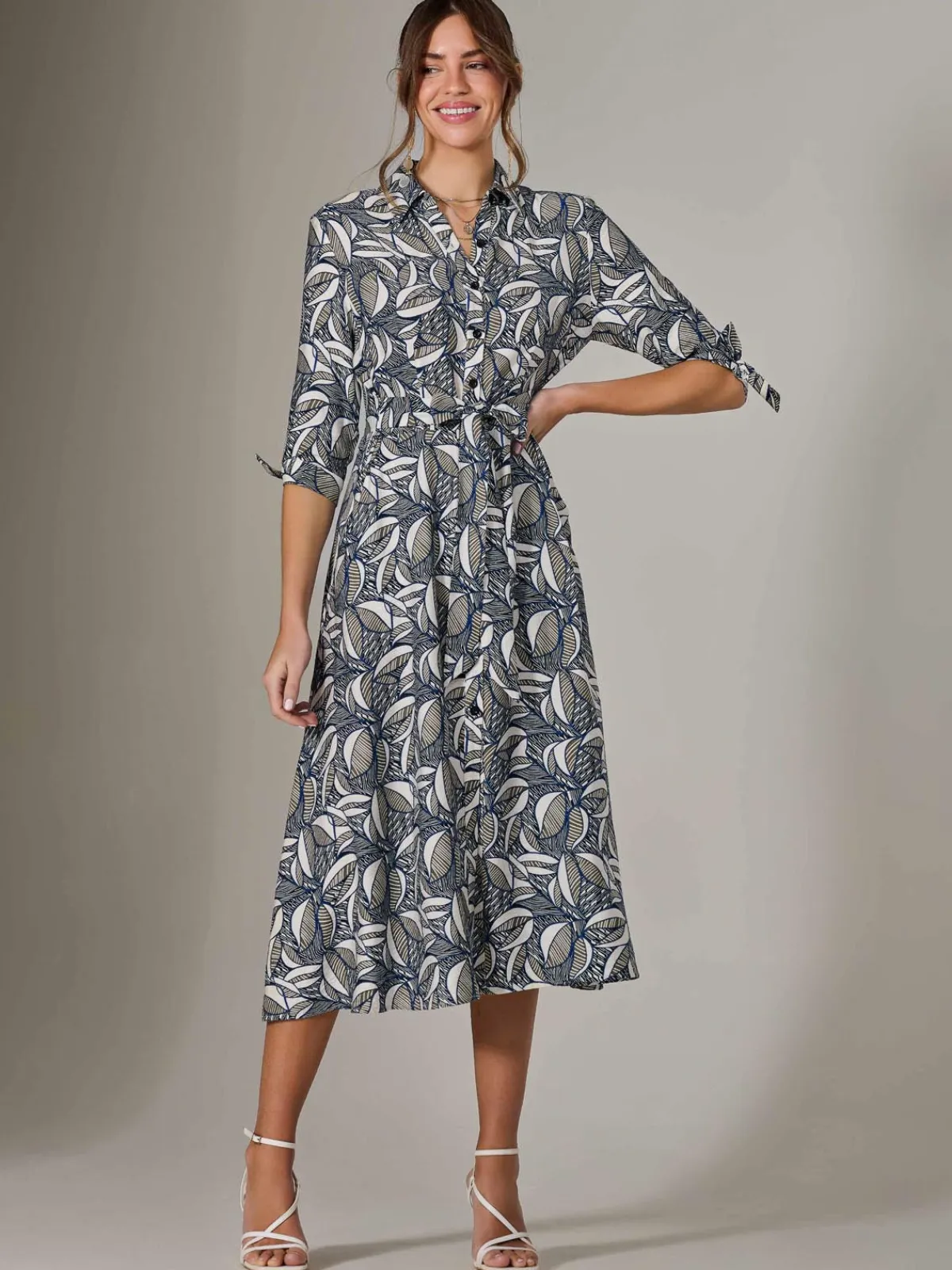Jolie Moi Shirt Dresses|Office Dresses-Tie Sleeve Shirt Maxi Dress, Navy Abstract