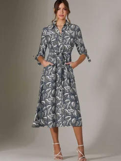 Jolie Moi Shirt Dresses|Office Dresses-Tie Sleeve Shirt Maxi Dress, Navy Abstract