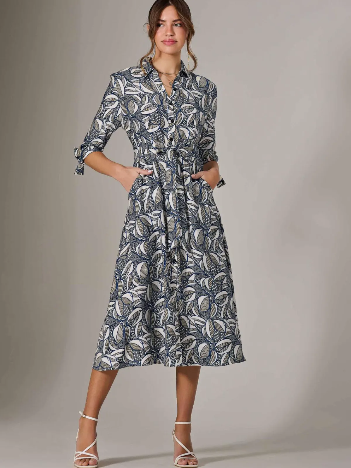 Jolie Moi Shirt Dresses|Office Dresses-Tie Sleeve Shirt Maxi Dress, Navy Abstract