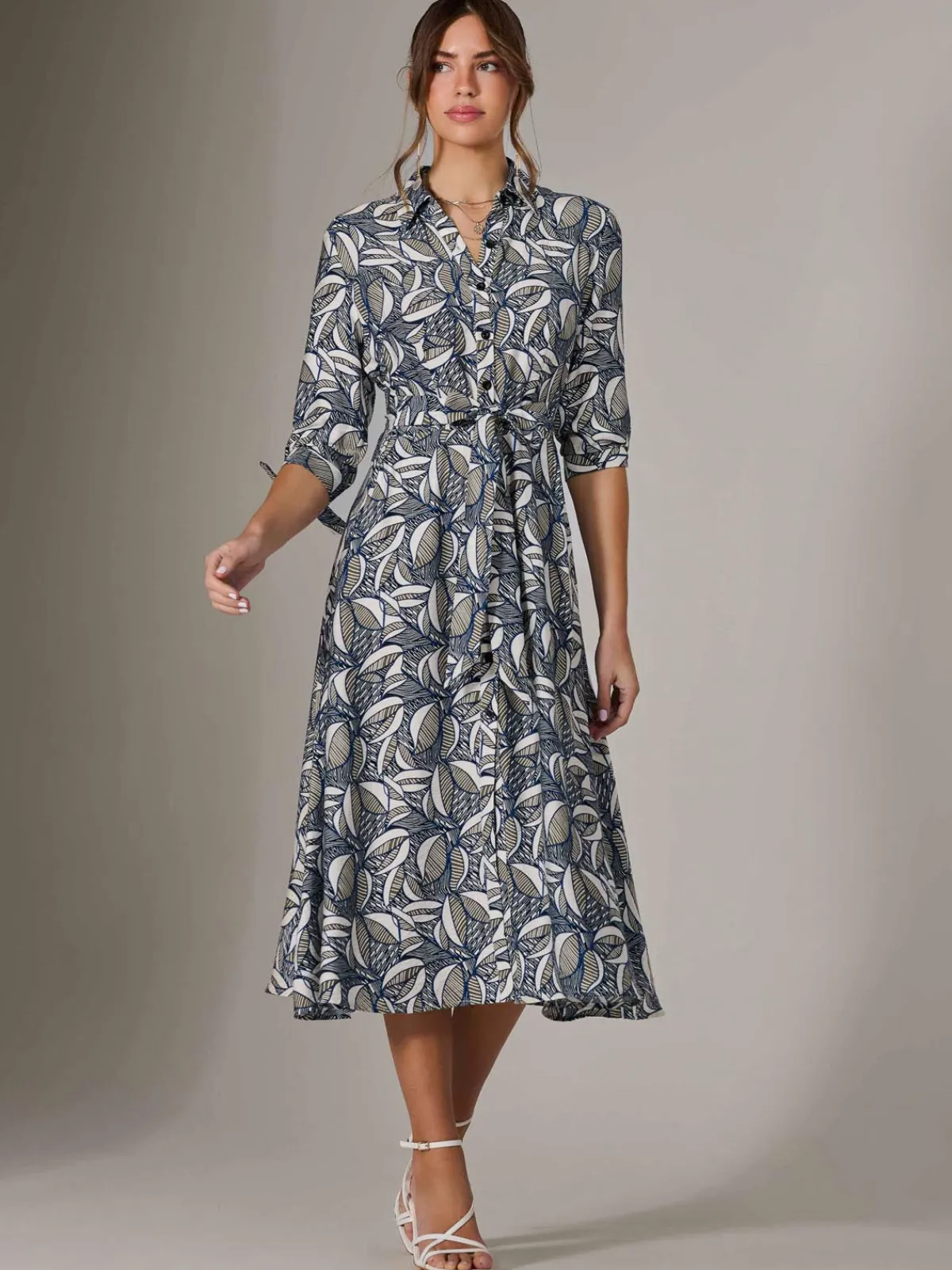 Jolie Moi Shirt Dresses|Office Dresses-Tie Sleeve Shirt Maxi Dress, Navy Abstract