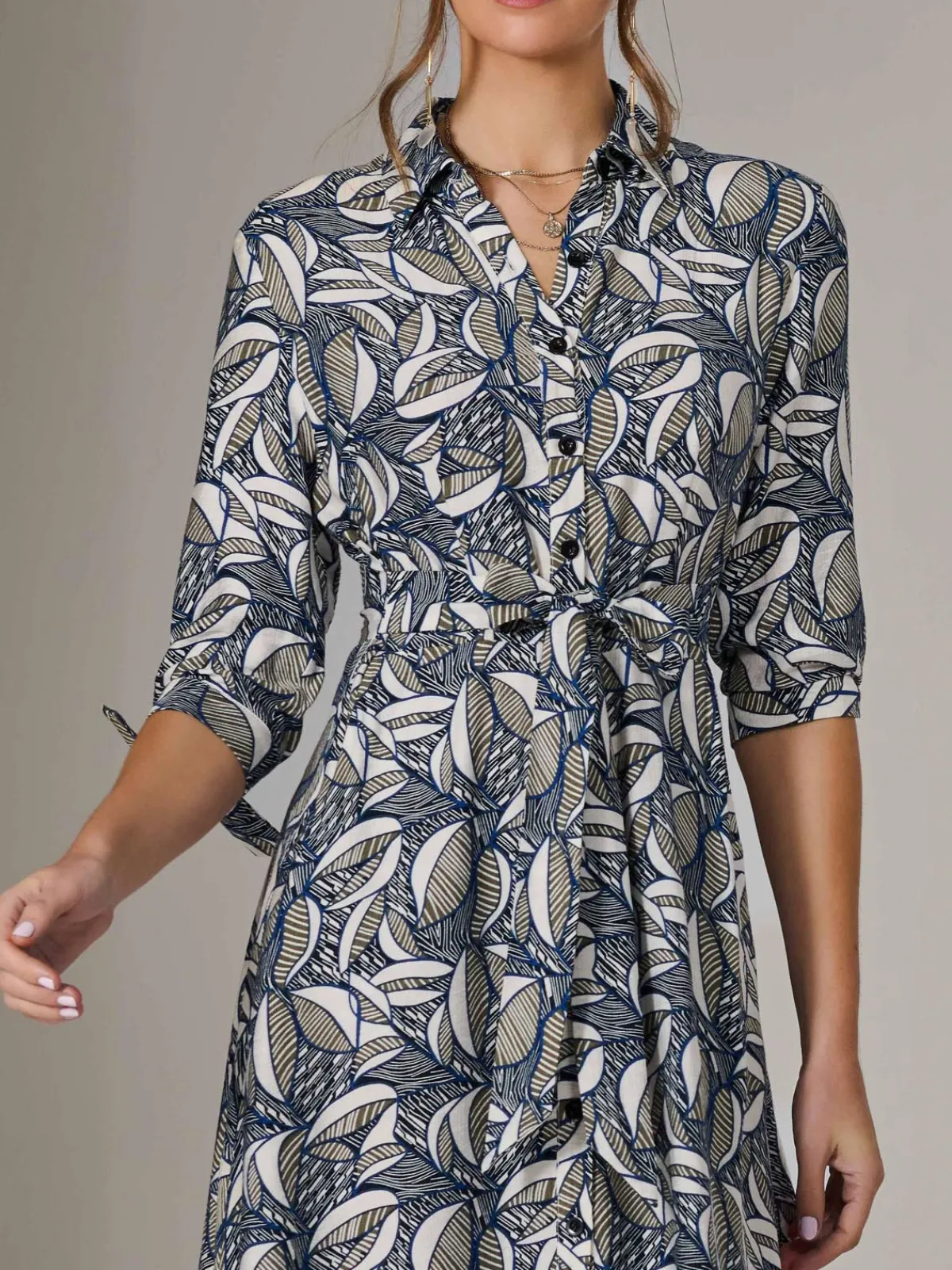 Jolie Moi Shirt Dresses|Office Dresses-Tie Sleeve Shirt Maxi Dress, Navy Abstract
