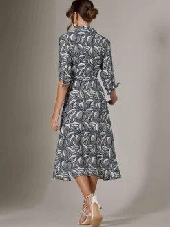 Jolie Moi Shirt Dresses|Office Dresses-Tie Sleeve Shirt Maxi Dress, Navy Abstract