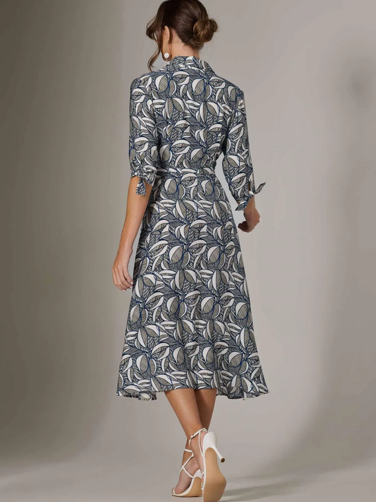 Jolie Moi Shirt Dresses|Office Dresses-Tie Sleeve Shirt Maxi Dress, Navy Abstract