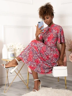 Jolie Moi Occasion Dresses|Office Wear-Tina Turtle Neck Mesh Dress, Red Floral