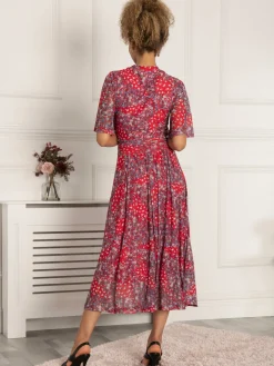 Jolie Moi Occasion Dresses|Office Wear-Tina Turtle Neck Mesh Dress, Red Floral