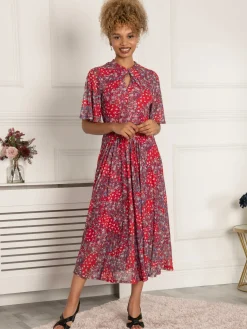 Jolie Moi Occasion Dresses|Office Wear-Tina Turtle Neck Mesh Dress, Red Floral
