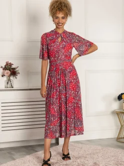 Jolie Moi Occasion Dresses|Office Wear-Tina Turtle Neck Mesh Dress, Red Floral