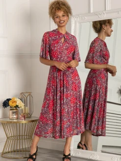 Jolie Moi Occasion Dresses|Office Wear-Tina Turtle Neck Mesh Dress, Red Floral