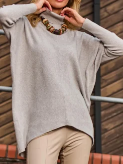 Jolie Moi Weekend Casuals|Knitted Jumpers-Turtleneck Batwing Fine Knit Jumper, Light Grey