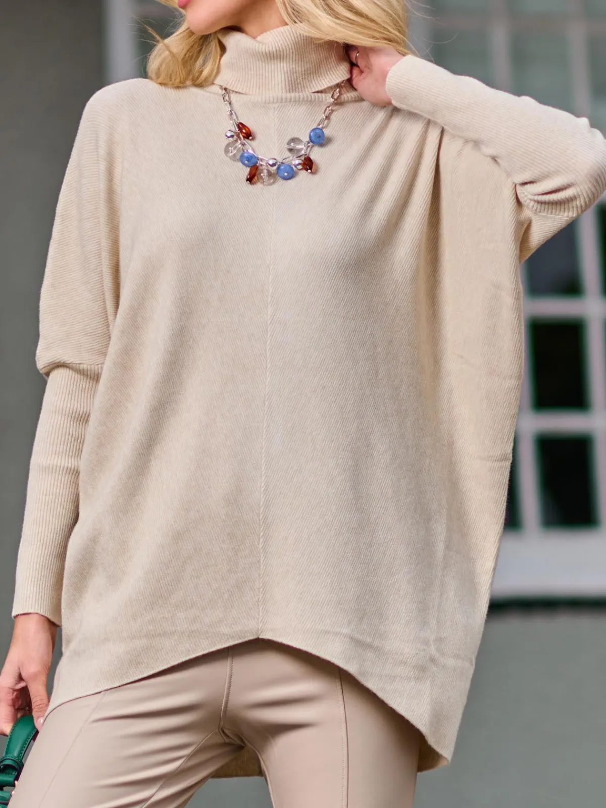 Jolie Moi Knitted Jumpers-Turtleneck Batwing Fine Knit Jumper, Stone