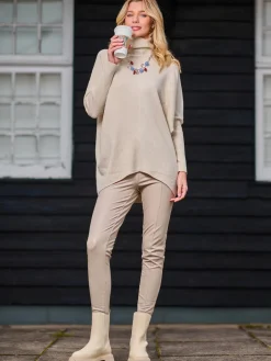 Jolie Moi Knitted Jumpers-Turtleneck Batwing Fine Knit Jumper, Stone