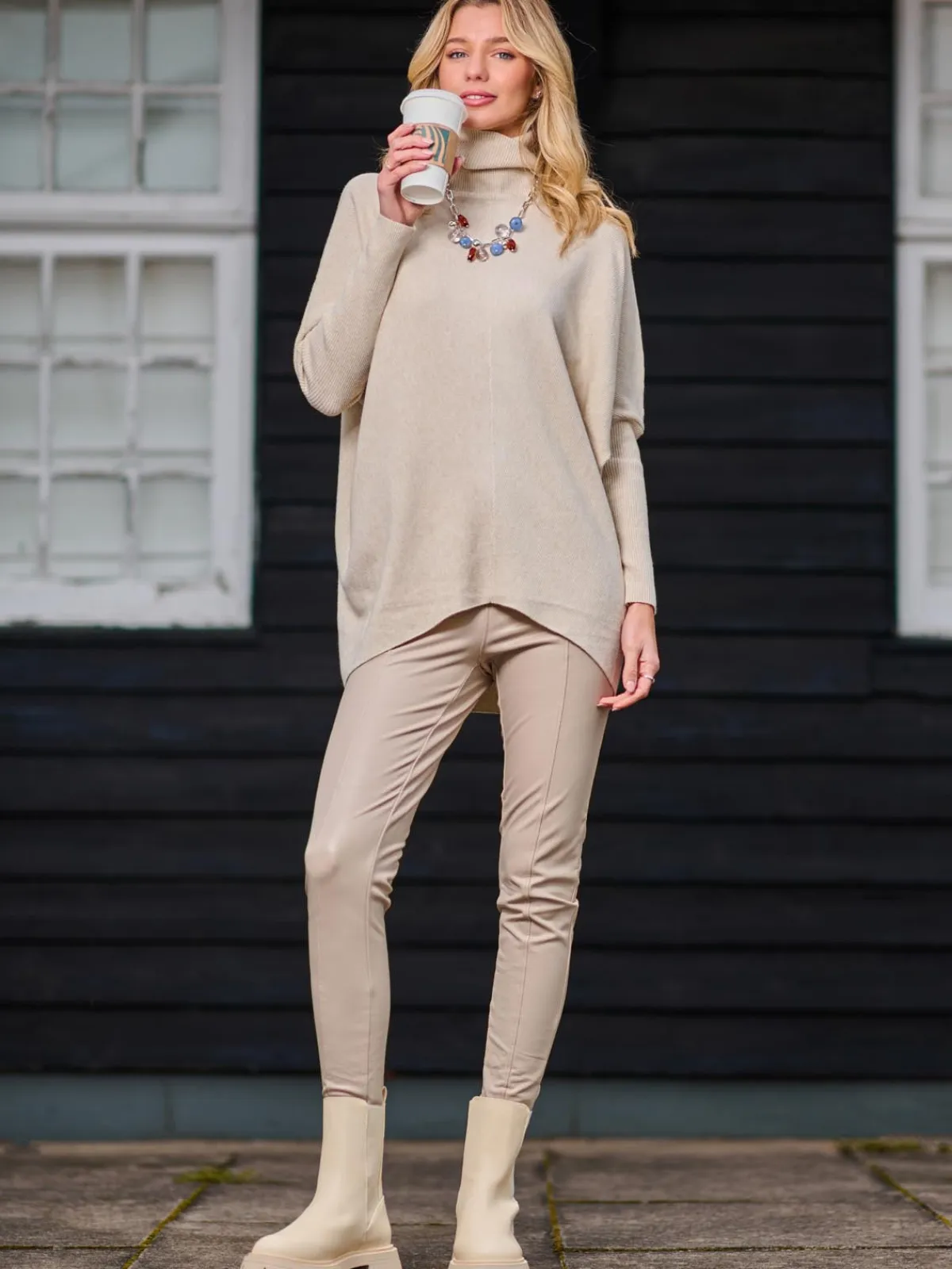 Jolie Moi Knitted Jumpers-Turtleneck Batwing Fine Knit Jumper, Stone