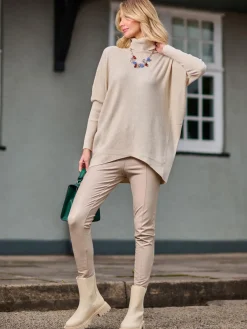 Jolie Moi Knitted Jumpers-Turtleneck Batwing Fine Knit Jumper, Stone