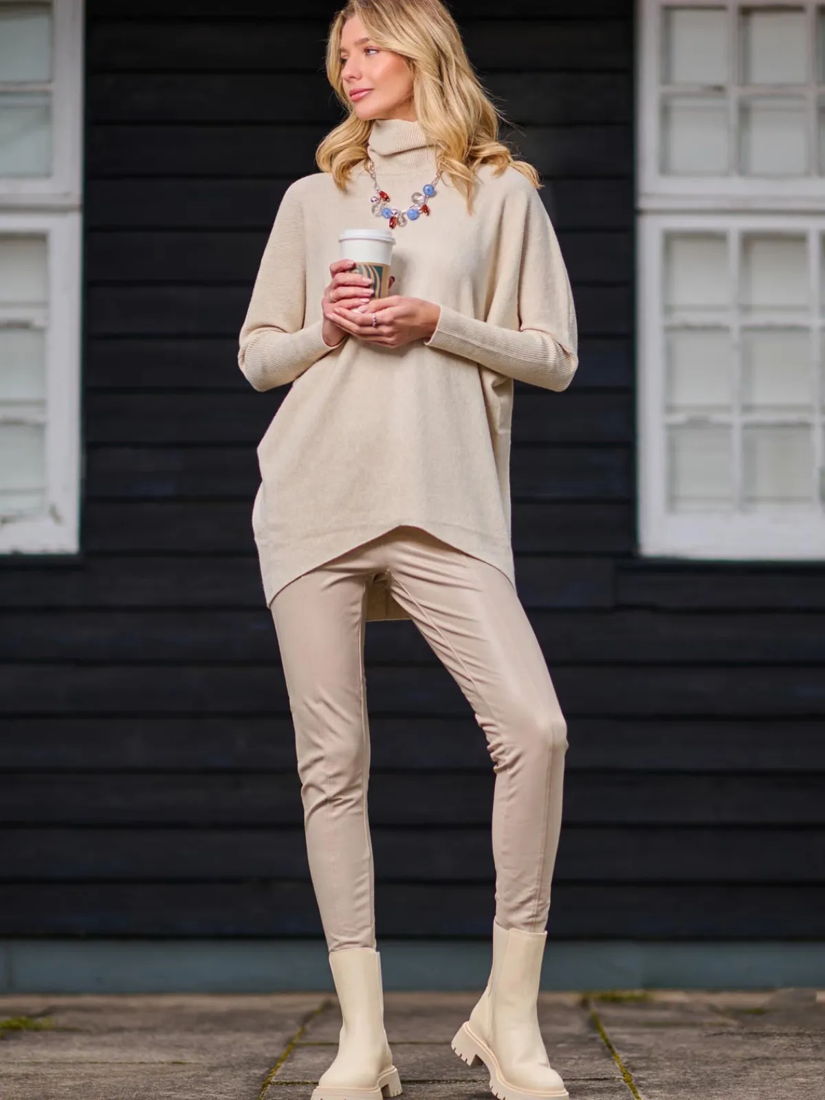 Jolie Moi Knitted Jumpers-Turtleneck Batwing Fine Knit Jumper, Stone