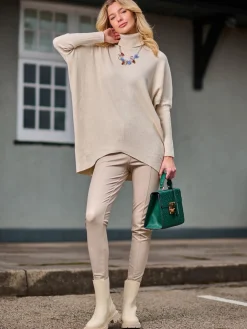 Jolie Moi Knitted Jumpers-Turtleneck Batwing Fine Knit Jumper, Stone