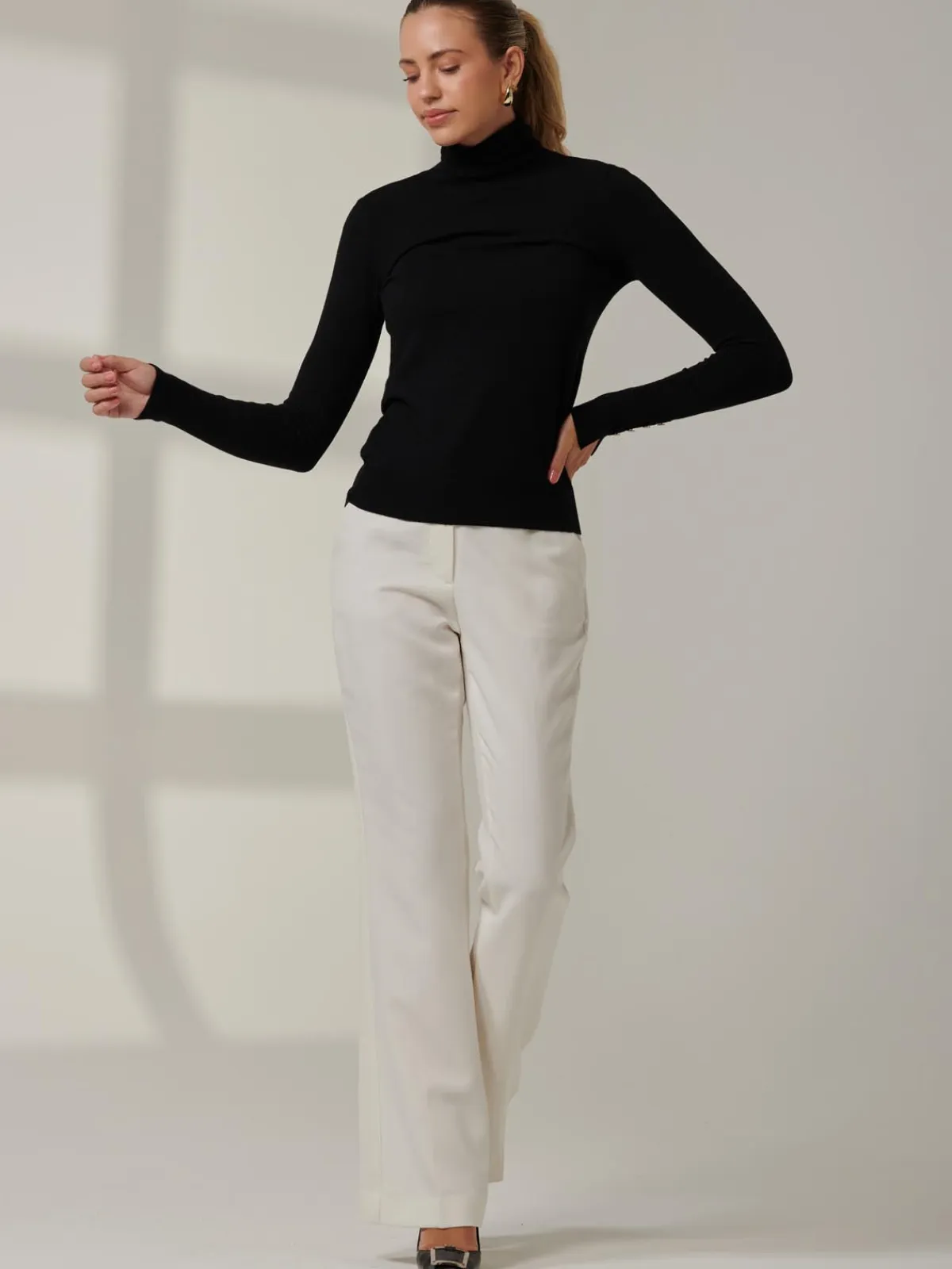 Jolie Moi Knitted Jumpers-Turtleneck Fine Knit Fittted Jumper, Black