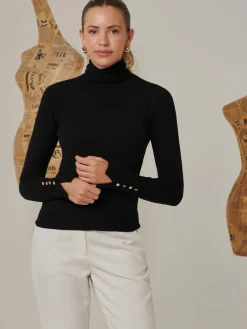 Jolie Moi Knitted Jumpers-Turtleneck Fine Knit Fittted Jumper, Black