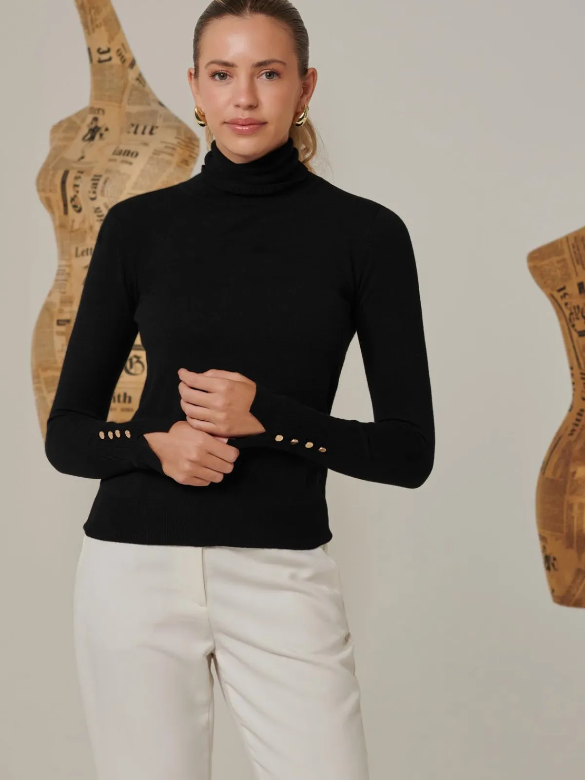 Jolie Moi Knitted Jumpers-Turtleneck Fine Knit Fittted Jumper, Black