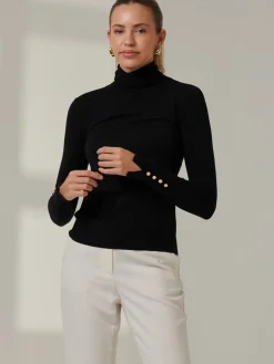 Jolie Moi Knitted Jumpers-Turtleneck Fine Knit Fittted Jumper, Black
