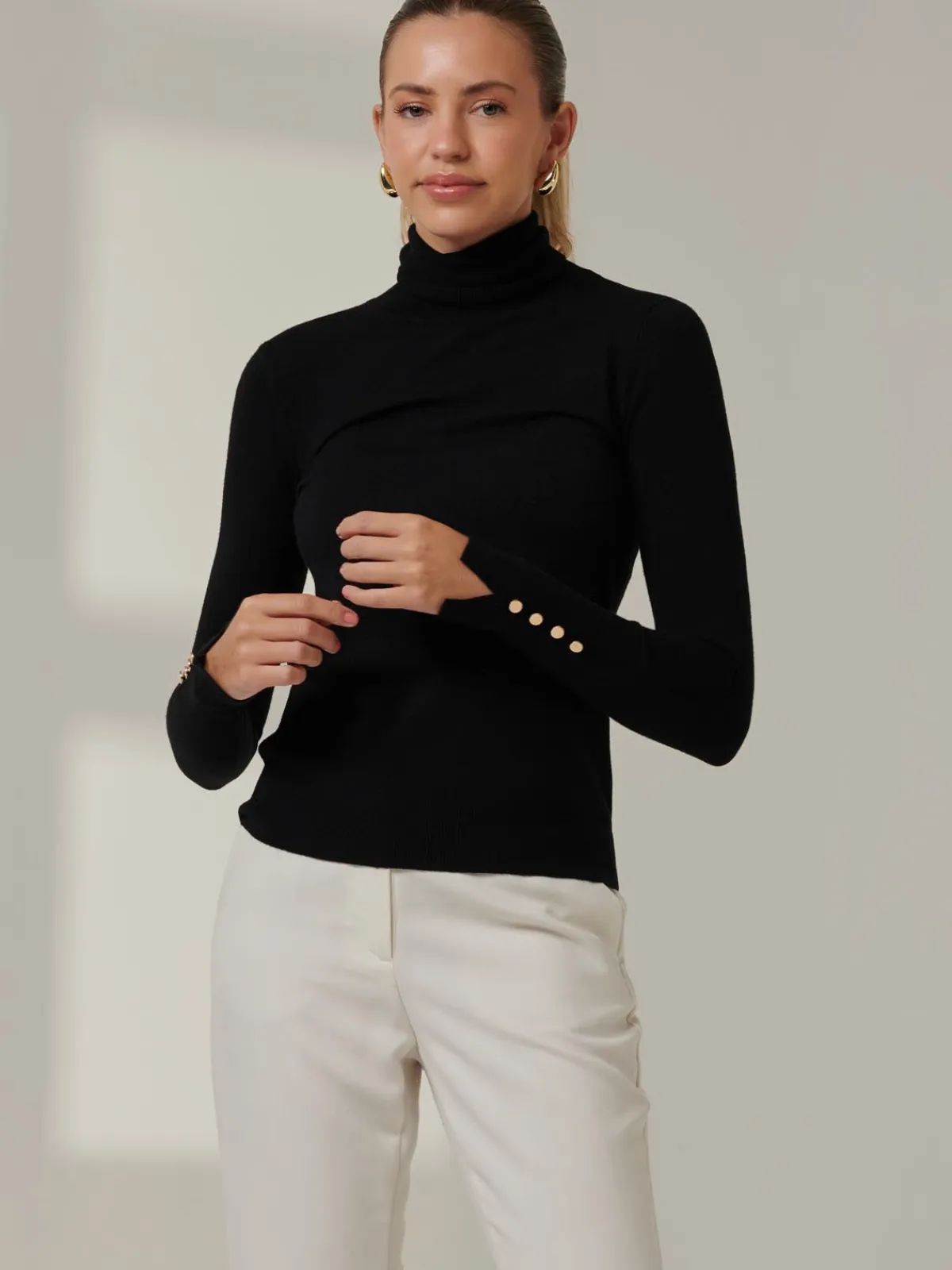 Jolie Moi Knitted Jumpers-Turtleneck Fine Knit Fittted Jumper, Black