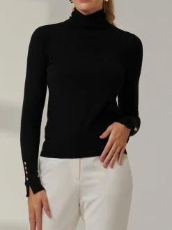 Jolie Moi Knitted Jumpers-Turtleneck Fine Knit Fittted Jumper, Black