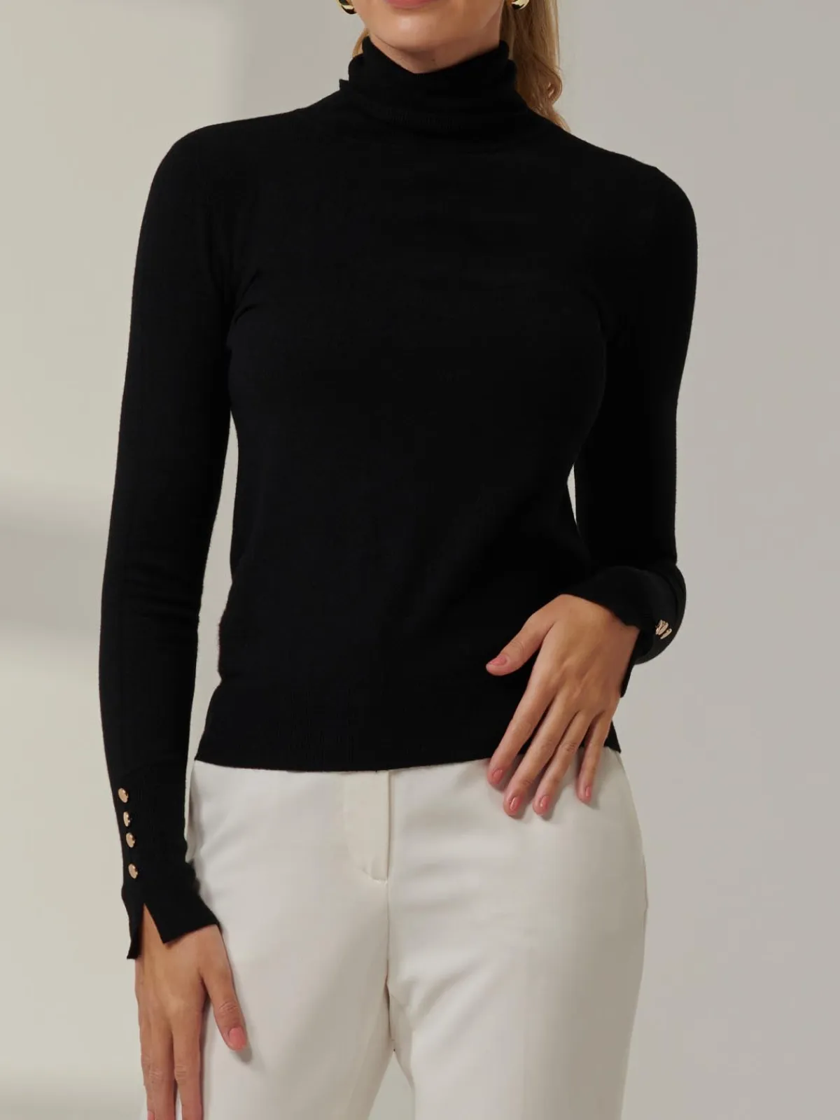 Jolie Moi Knitted Jumpers-Turtleneck Fine Knit Fittted Jumper, Black