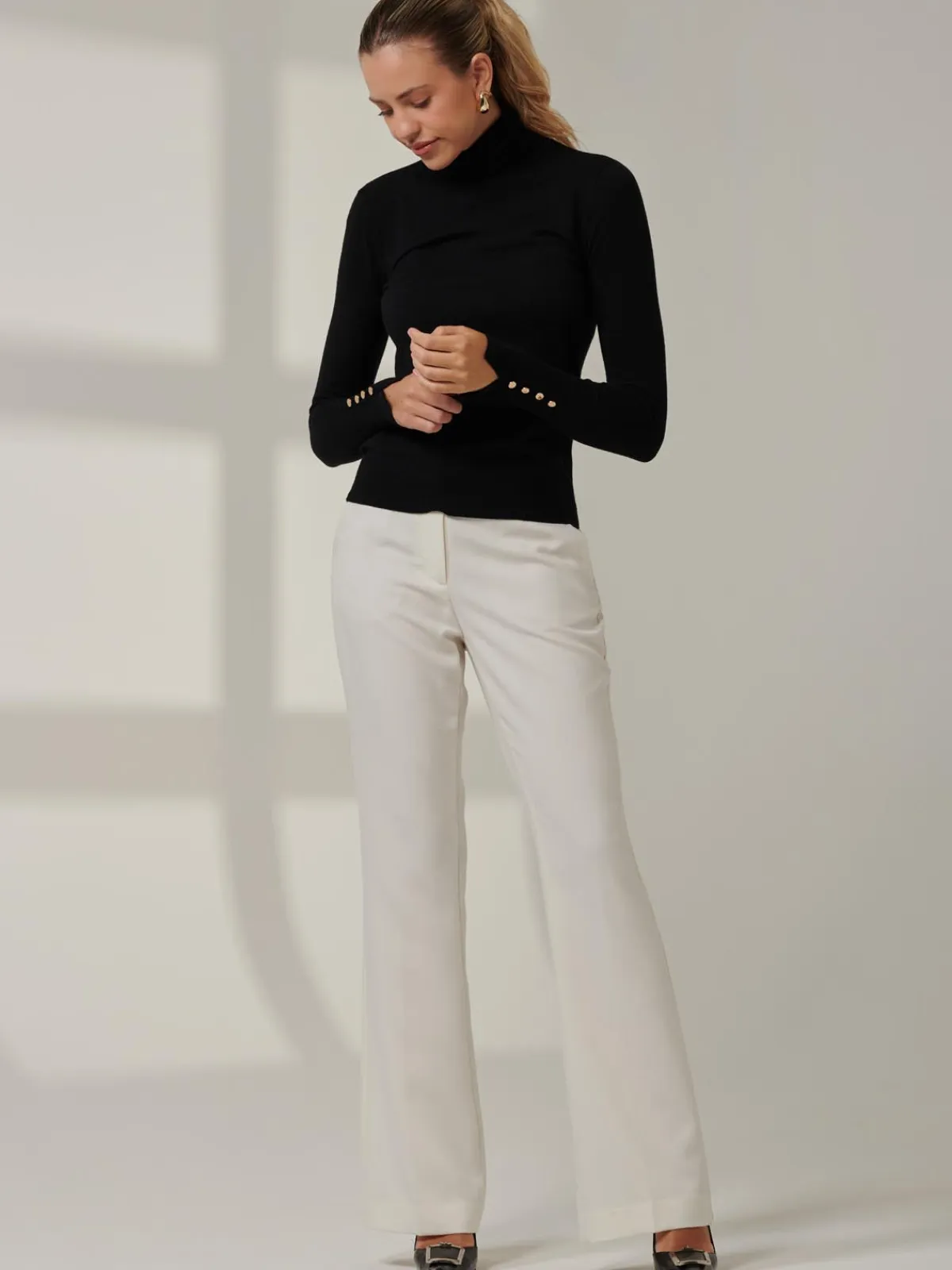 Jolie Moi Knitted Jumpers-Turtleneck Fine Knit Fittted Jumper, Black