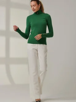 Jolie Moi Tops|Weekend Casuals-Turtleneck Fine Knit Fittted Jumper, Green