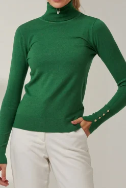 Jolie Moi Tops|Weekend Casuals-Turtleneck Fine Knit Fittted Jumper, Green
