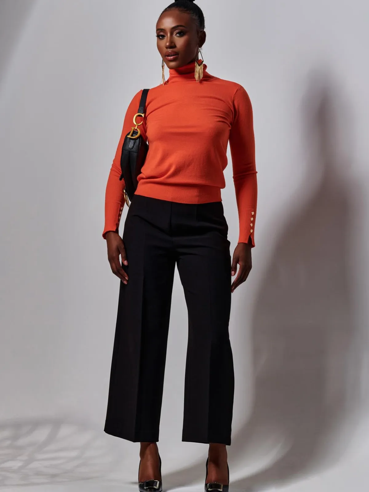 Jolie Moi Tops|Weekend Casuals-Turtleneck Fine Knit Fittted Jumper, Orange
