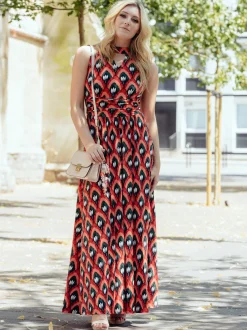 Jolie Moi Occasion Dresses|Race Day Dresses-Turtleneck Jersey Print Maxi Dress, Red Pattern