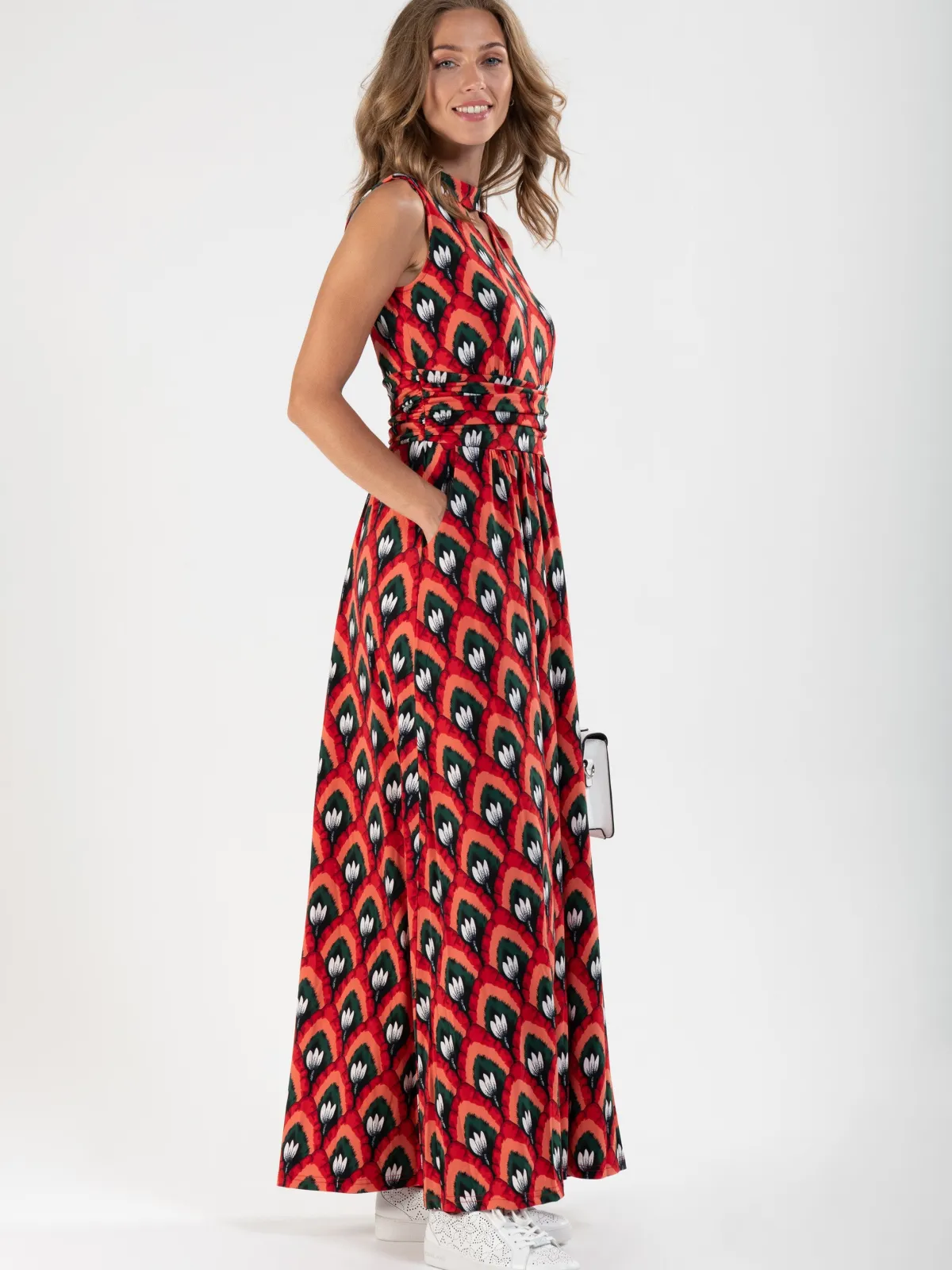 Jolie Moi Occasion Dresses|Race Day Dresses-Turtleneck Jersey Print Maxi Dress, Red Pattern