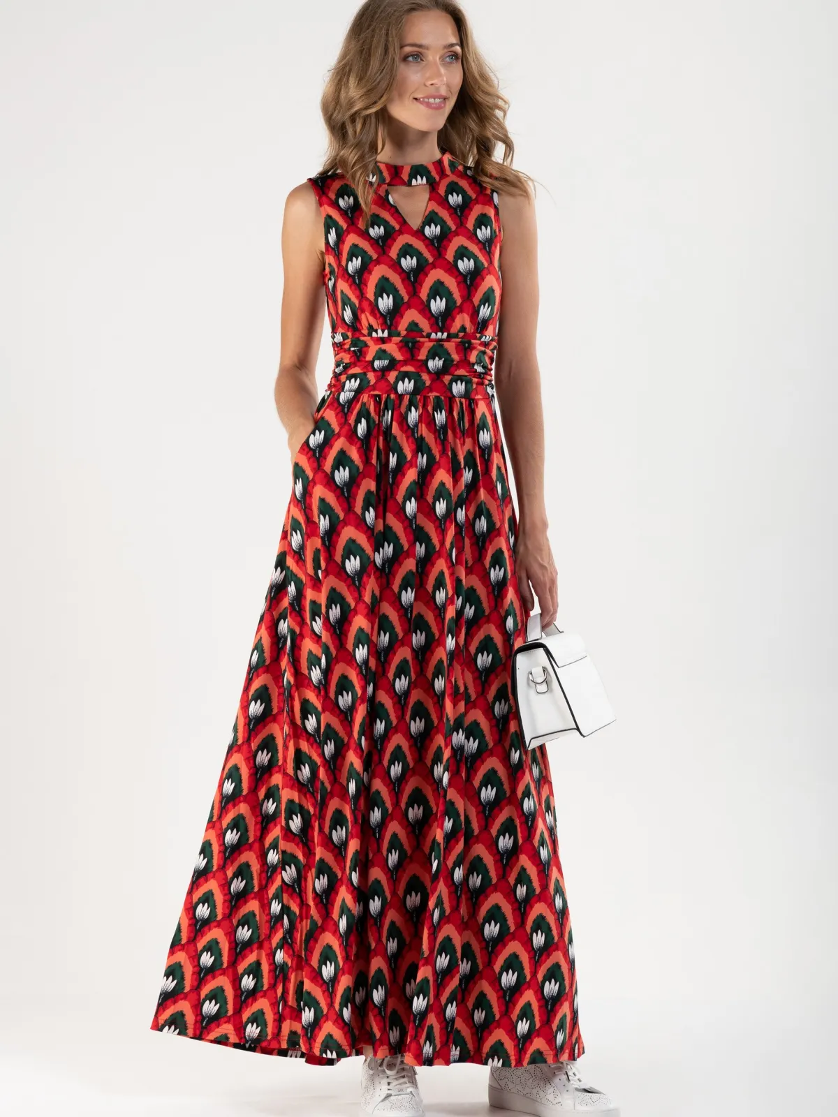 Jolie Moi Occasion Dresses|Race Day Dresses-Turtleneck Jersey Print Maxi Dress, Red Pattern
