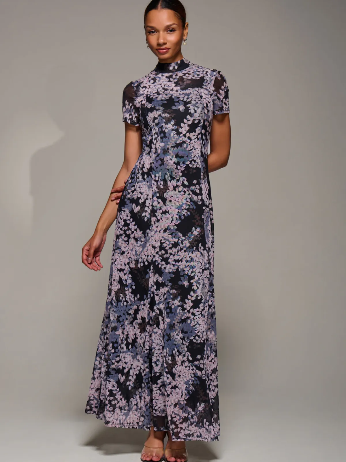 Jolie Moi Occasion Dresses|Floral Dresses-Turtle Neckline Mesh Maxi Dress, Black Abstract