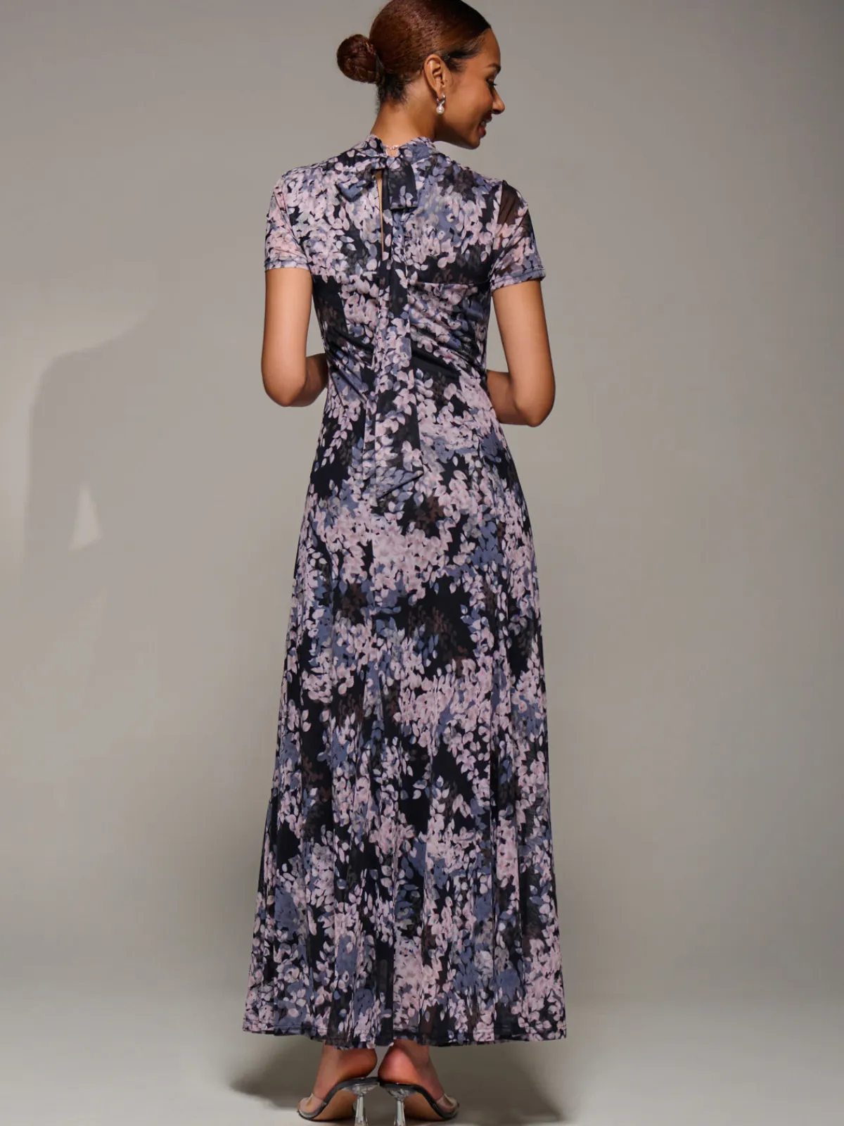 Jolie Moi Occasion Dresses|Floral Dresses-Turtle Neckline Mesh Maxi Dress, Black Abstract