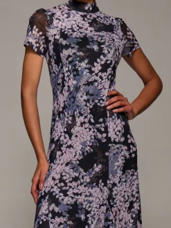 Jolie Moi Occasion Dresses|Floral Dresses-Turtle Neckline Mesh Maxi Dress, Black Abstract