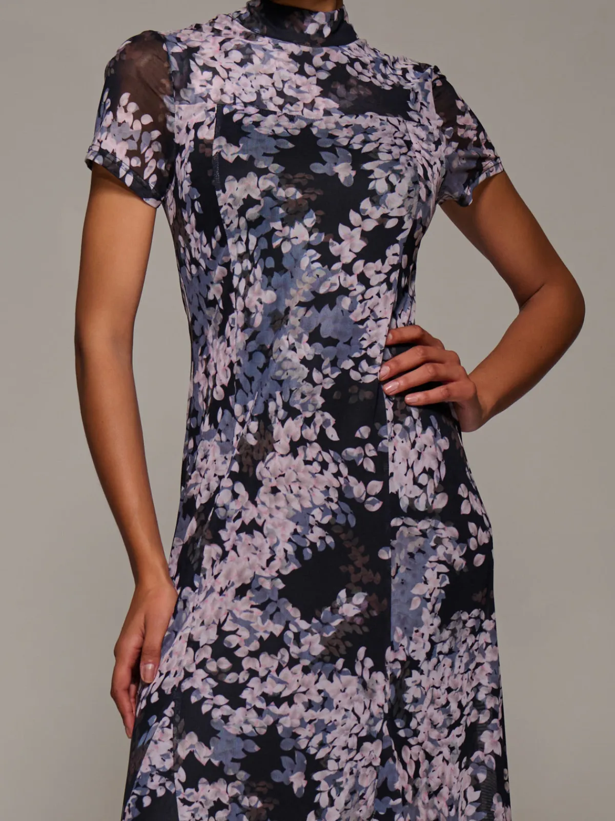 Jolie Moi Occasion Dresses|Floral Dresses-Turtle Neckline Mesh Maxi Dress, Black Abstract