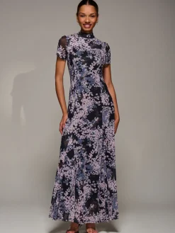 Jolie Moi Occasion Dresses|Floral Dresses-Turtle Neckline Mesh Maxi Dress, Black Abstract