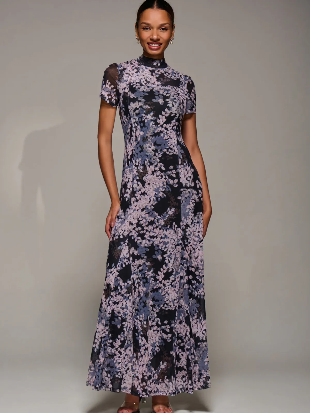 Jolie Moi Occasion Dresses|Floral Dresses-Turtle Neckline Mesh Maxi Dress, Black Abstract
