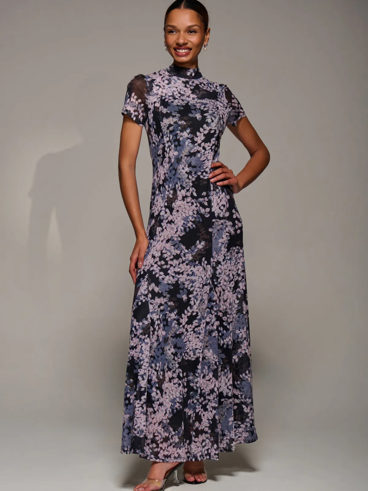 Jolie Moi Occasion Dresses|Floral Dresses-Turtle Neckline Mesh Maxi Dress, Black Abstract