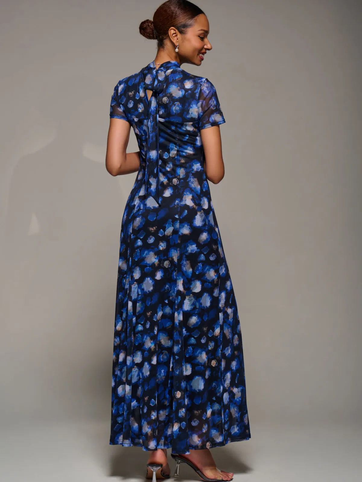 Jolie Moi Occasion Dresses|Floral Dresses-Turtle Neckline Mesh Maxi Dress, Blue Abstract