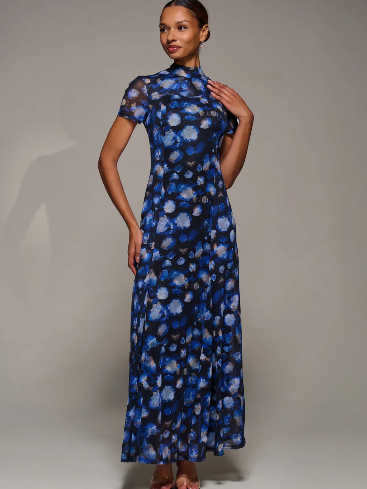 Jolie Moi Occasion Dresses|Floral Dresses-Turtle Neckline Mesh Maxi Dress, Blue Abstract