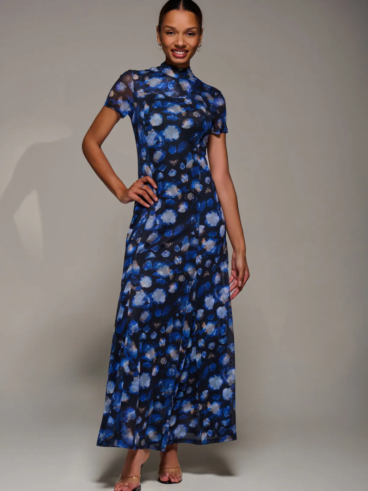 Jolie Moi Occasion Dresses|Floral Dresses-Turtle Neckline Mesh Maxi Dress, Blue Abstract