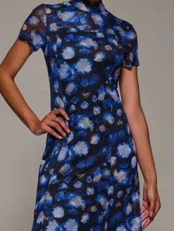Jolie Moi Occasion Dresses|Floral Dresses-Turtle Neckline Mesh Maxi Dress, Blue Abstract