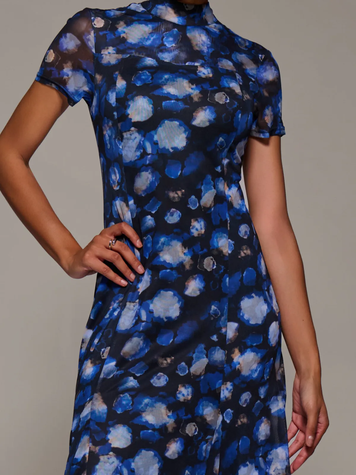 Jolie Moi Occasion Dresses|Floral Dresses-Turtle Neckline Mesh Maxi Dress, Blue Abstract