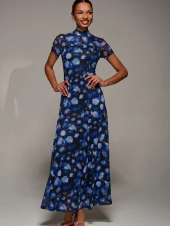 Jolie Moi Occasion Dresses|Floral Dresses-Turtle Neckline Mesh Maxi Dress, Blue Abstract