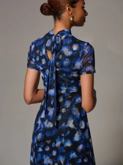 Jolie Moi Occasion Dresses|Floral Dresses-Turtle Neckline Mesh Maxi Dress, Blue Abstract